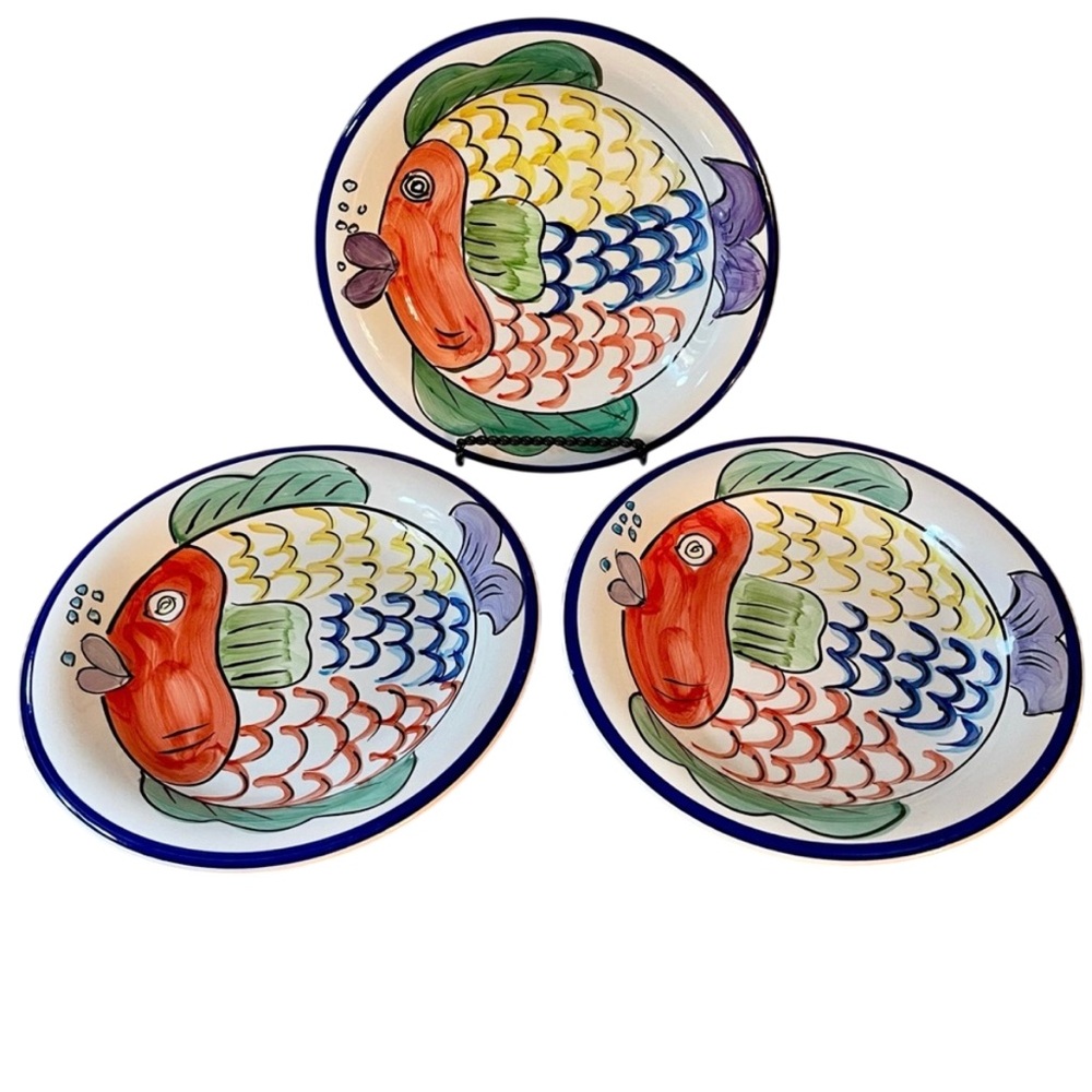 Pescada Fish 8” Plates Tabletops Unlimited Hand Painted Talavera Look Colorful